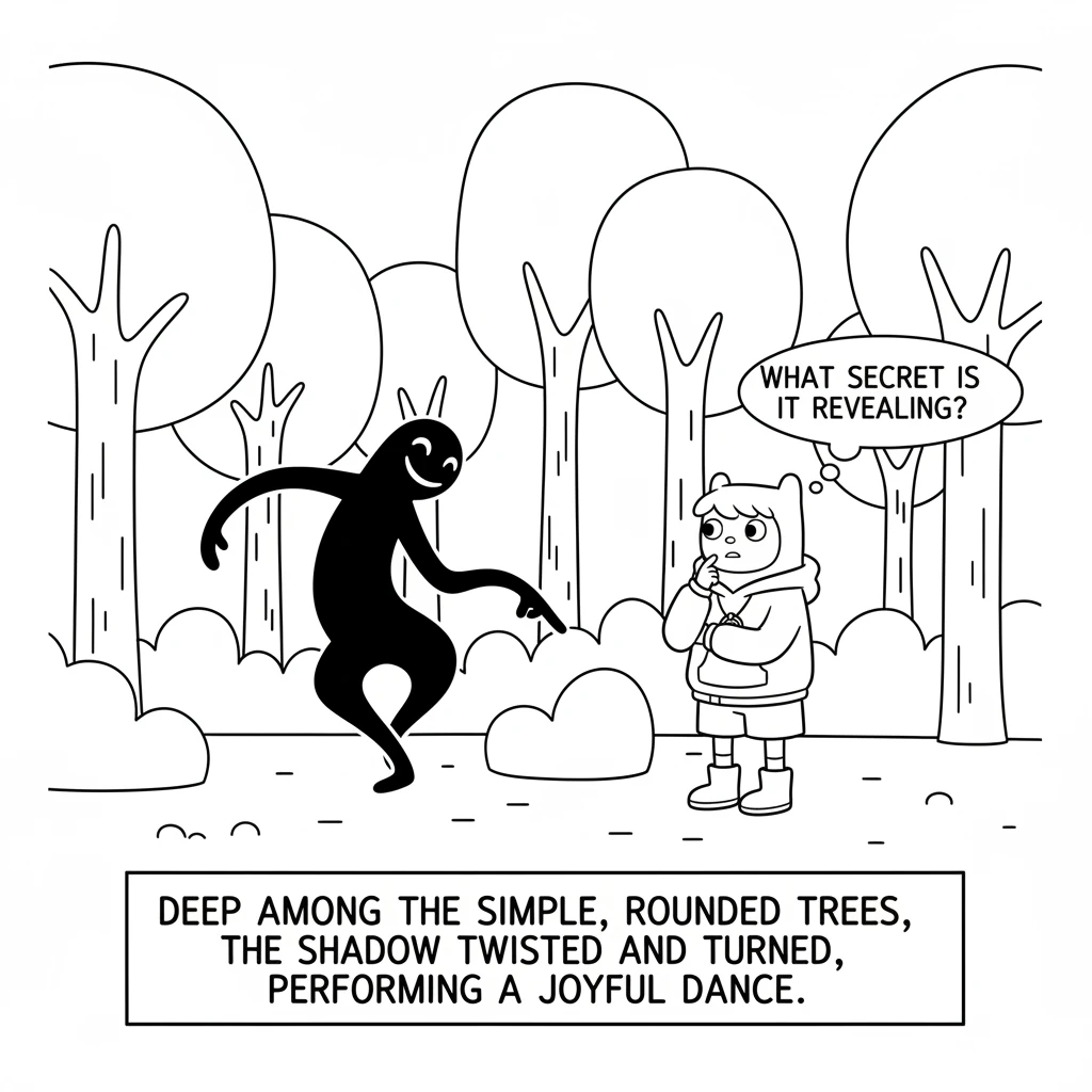 Deep among the simple, rounded trees, the shadow twisted and turned, performing a joyful dance. It pointed a simple, curved 'finger' towards a low, ro