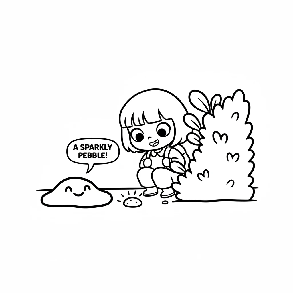 Peeking behind the bush, Pip discovered a tiny, sparkling pebble! It was a small circle with a few radiating lines, gleaming softly. The shadow seemed