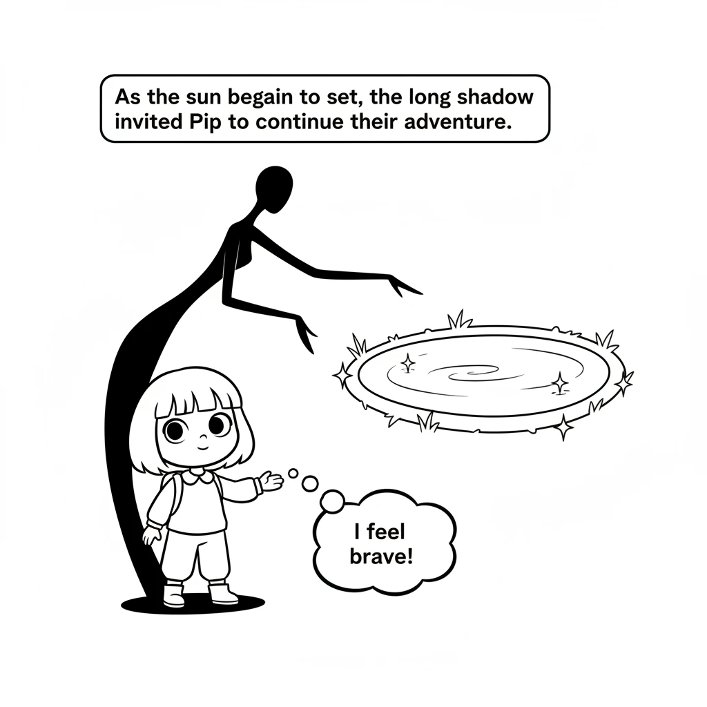 As the sun began to set, the shadow grew long and stretched, becoming a tall, elegant figure. It invited Pip to continue their adventure, gesturing to