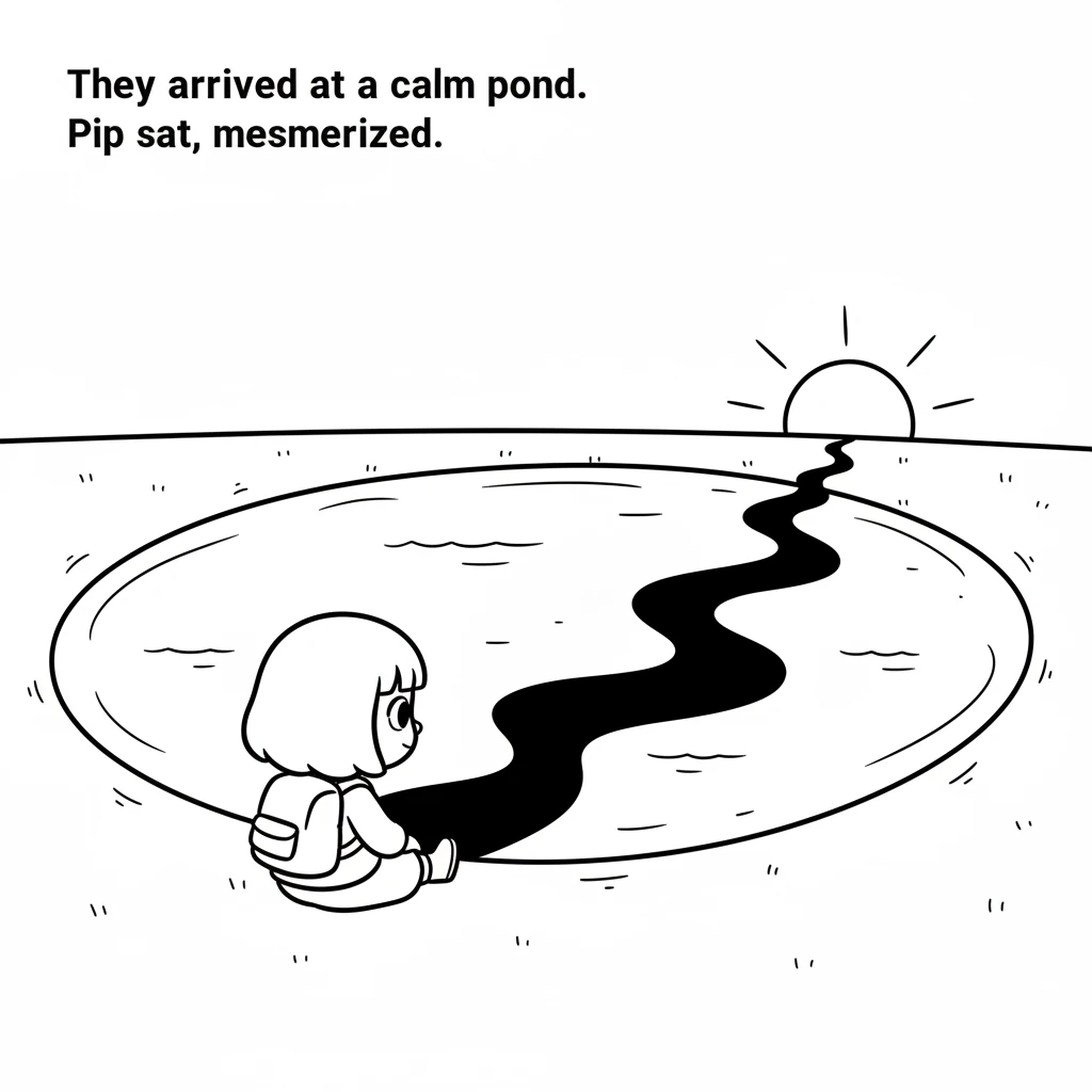 They arrived at a calm, oval-shaped pond, reflecting the simple lines of the setting sun. The long shadow stretched across the water, making beautiful