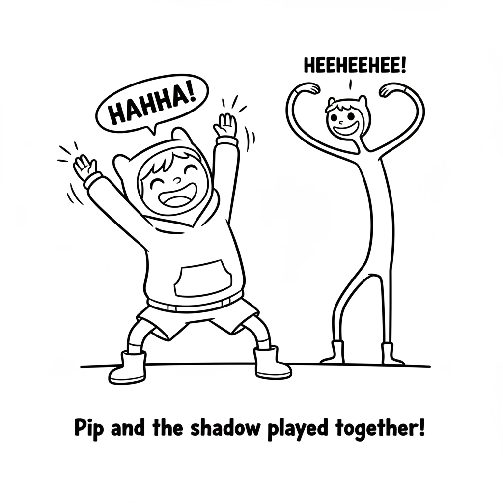 Pip and the shadow played together, making funny, exaggerated shapes. Pip stretched their arms high, and the shadow mimicked them, becoming a tall, sk
