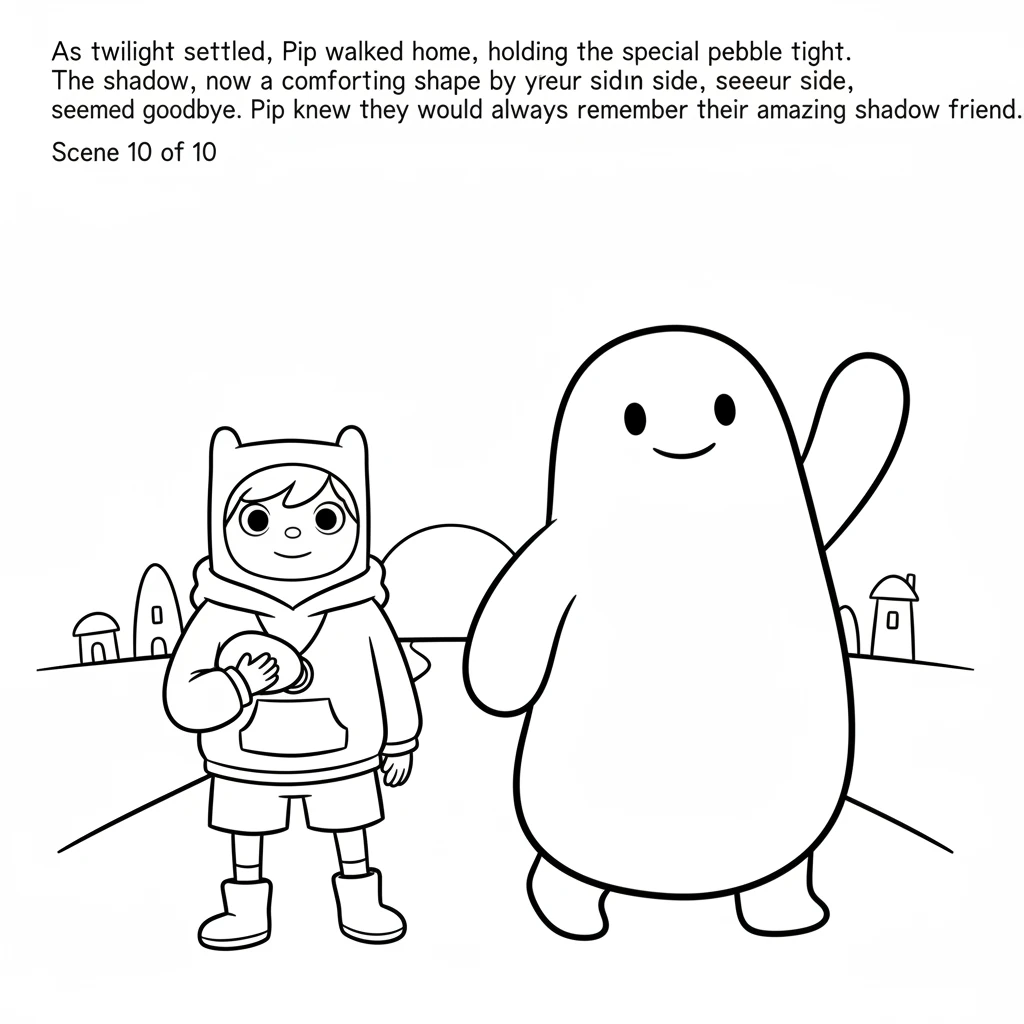 As twilight settled, Pip walked home, holding the special pebble tight. The shadow, now a comforting shape by their side, seemed to wave goodbye. Pip