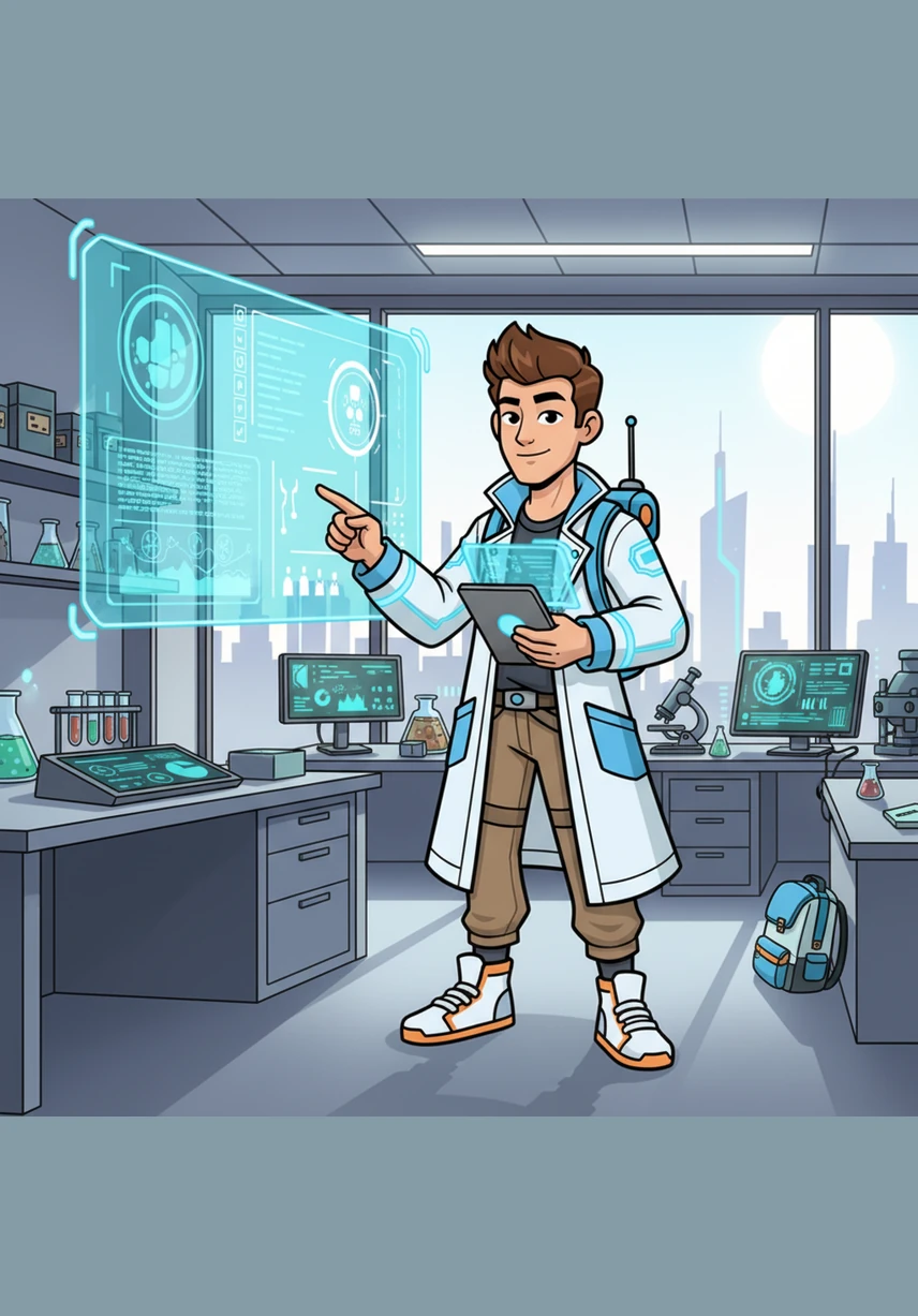 Arman stands in a bright room filled with maps and scientific tools, ready to start his journey as a young researcher. This title page sets the stage for an adventure in learning through the power of projects and critical thinking.