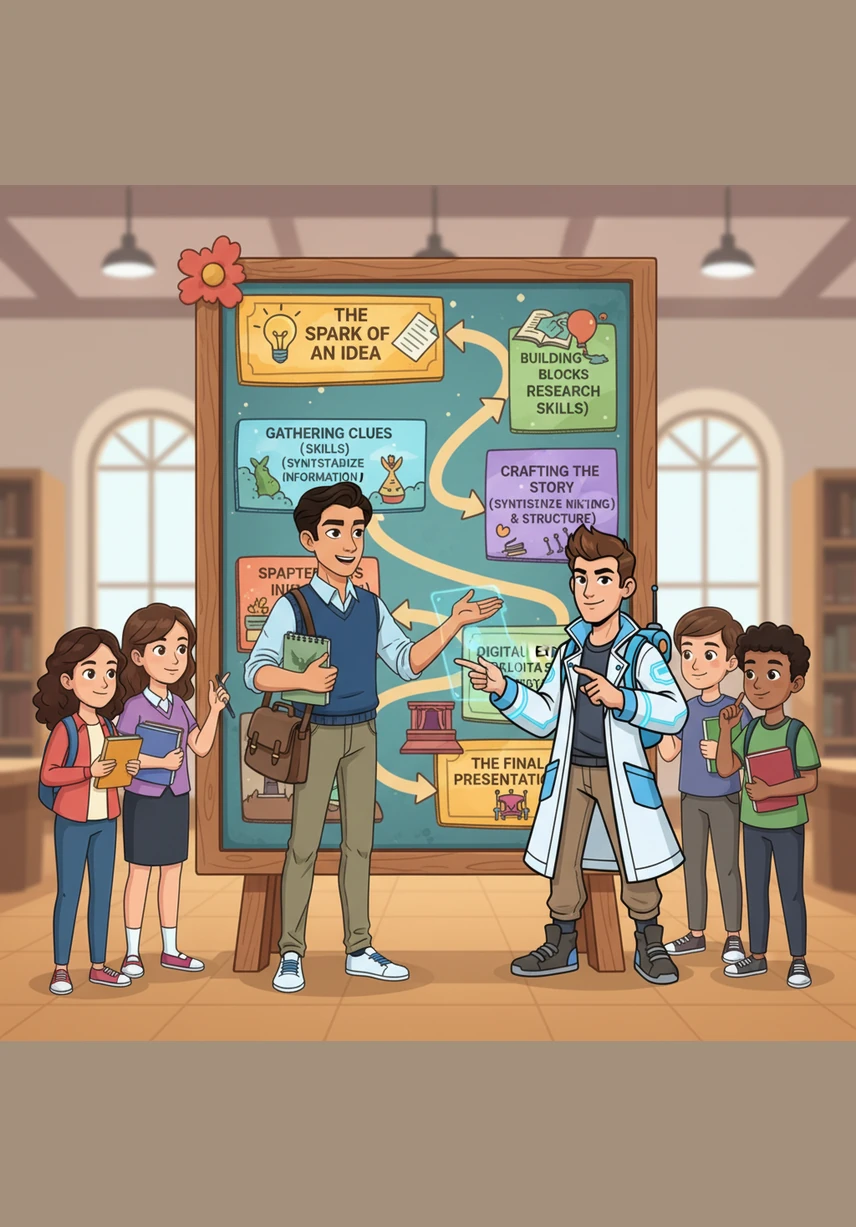 A colorful table of contents is presented as a roadmap, guiding students through each stage of their research adventure. Each chapter represents a new skill to be mastered, from the first spark of an idea to the final presentation of a project.