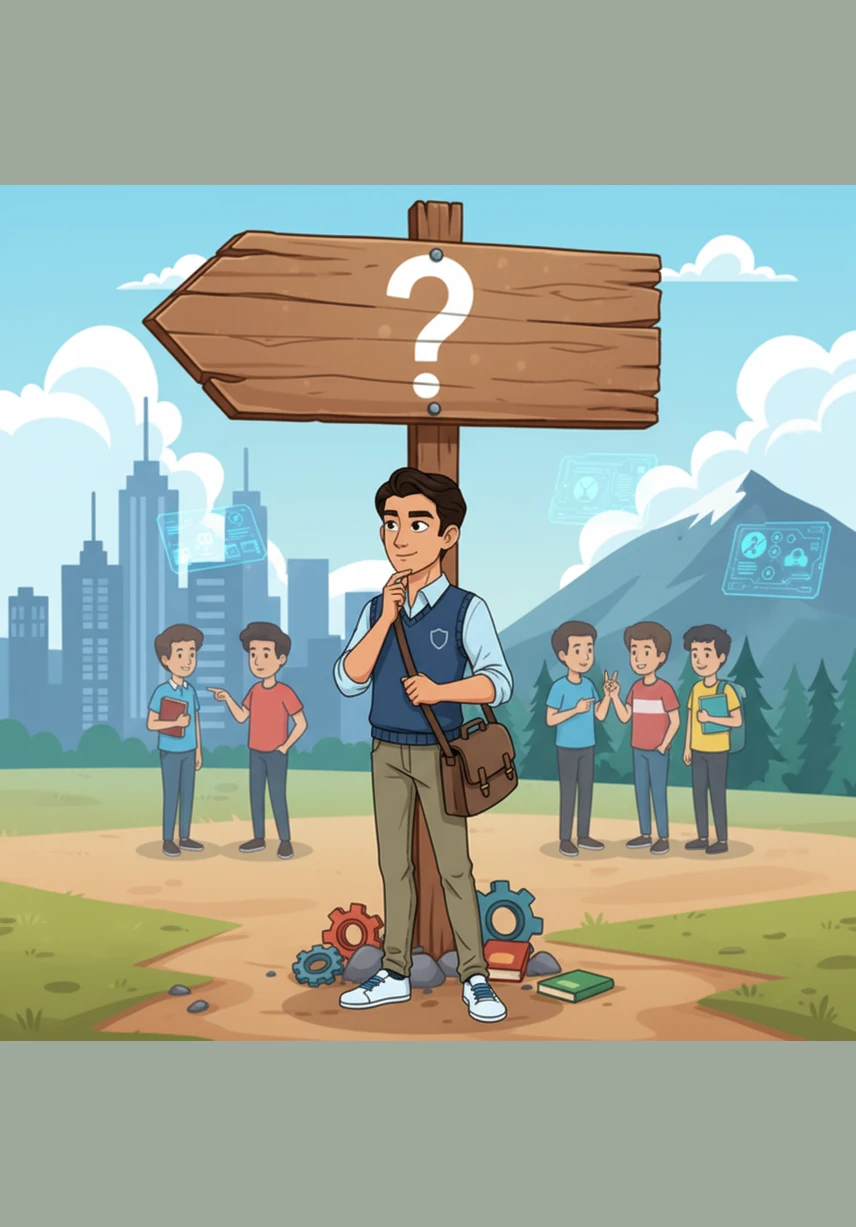 Arman looks at a large sign with a question mark at a crossroads, realizing that research is about finding answers to the world's most interesting questions. This page describes how developing a curious and critical mind helps us solve real-world problems and understand why things happen.
