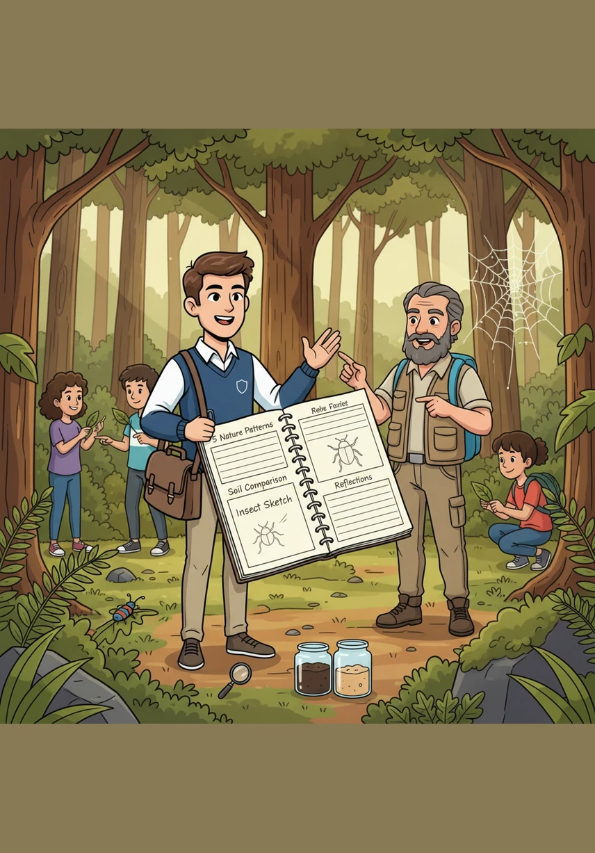 In the first lesson, Arman practices the art of observation by studying the intricate details of a forest ecosystem. The tasks are to identify five unique patterns in nature, compare two different types of soil, and draw a detailed sketch of a local insect, followed by a space to reflect on the findings.