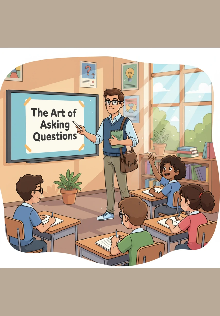 The second lesson focuses on asking the right questions, showing Arman interviewing an expert to gather deep insights. Students are asked to create a list of five investigative questions, develop a hypothesis for their own project, and note down what they are most curious about in their reflection journal.