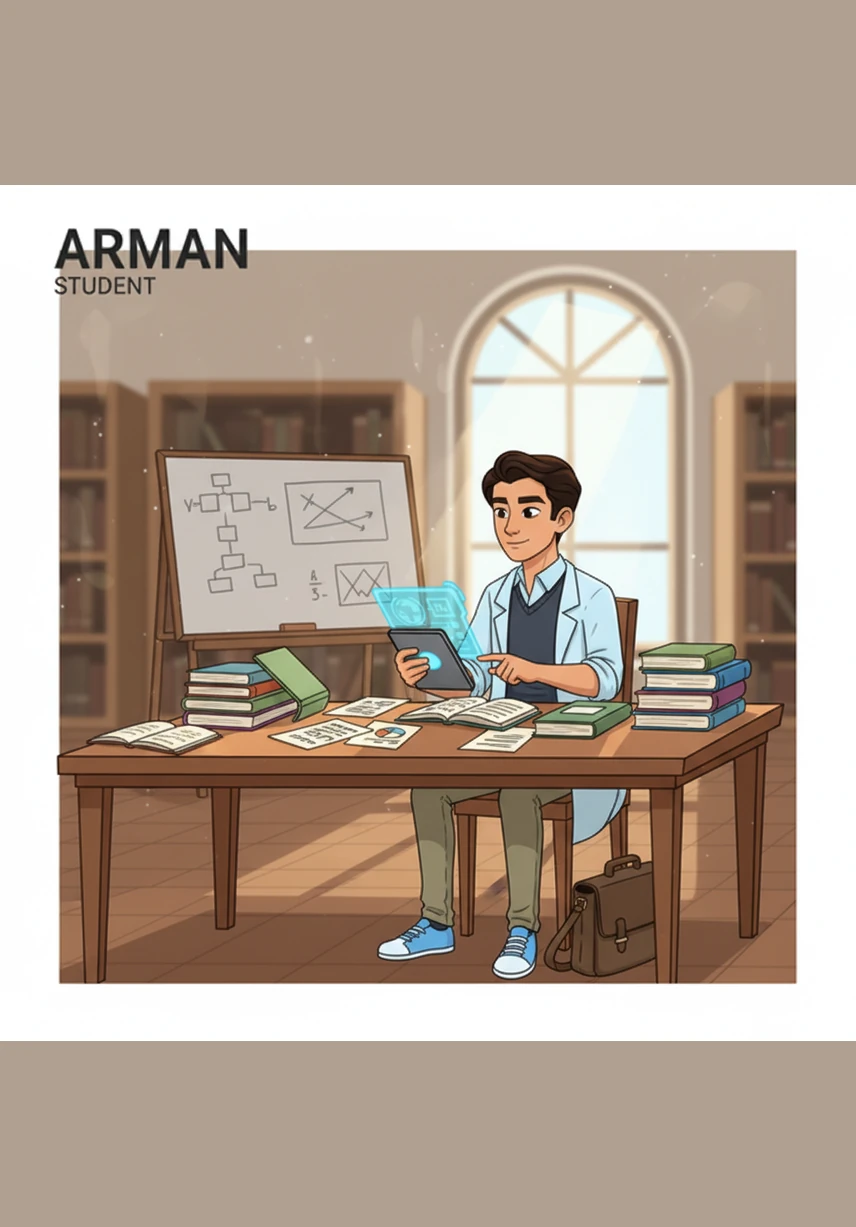For the third lesson, Arman explores the library and the internet to collect data and evidence for his research. The tasks include finding three reliable sources of information, checking the facts for accuracy, and organizing his findings into a structured set of notes with a section for personal thoughts.