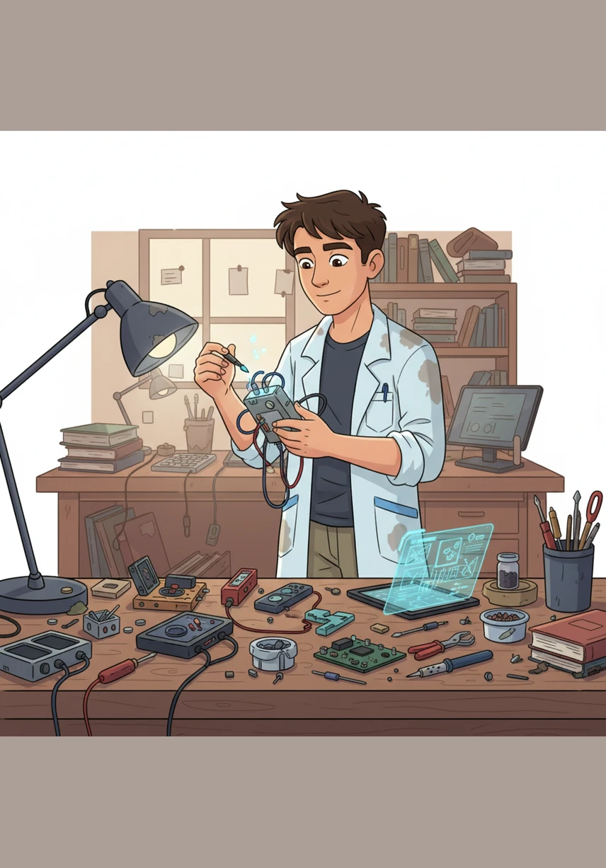 The fifth lesson is all about experimentation and hands-on testing, where Arman builds a prototype of a new invention on his workbench. The tasks are to construct a working model, conduct a fair test of its functions, and record the results to see if the initial hypothesis was correct.