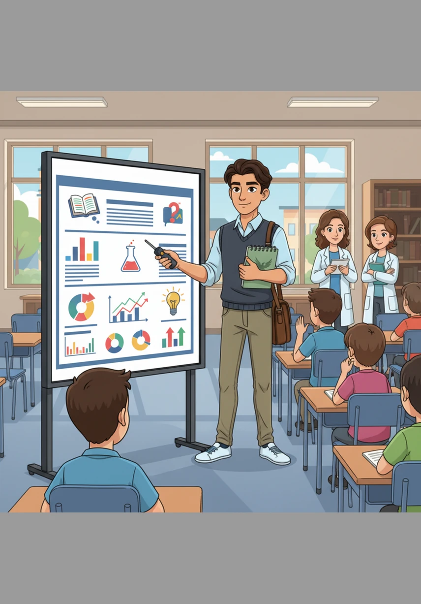 During the sixth lesson, Arman synthesizes his work by creating a vibrant presentation board that tells the story of his research. He practices summarizing his findings into three key messages, designing clear visuals for his audience, and preparing a short speech to explain his discovery.
