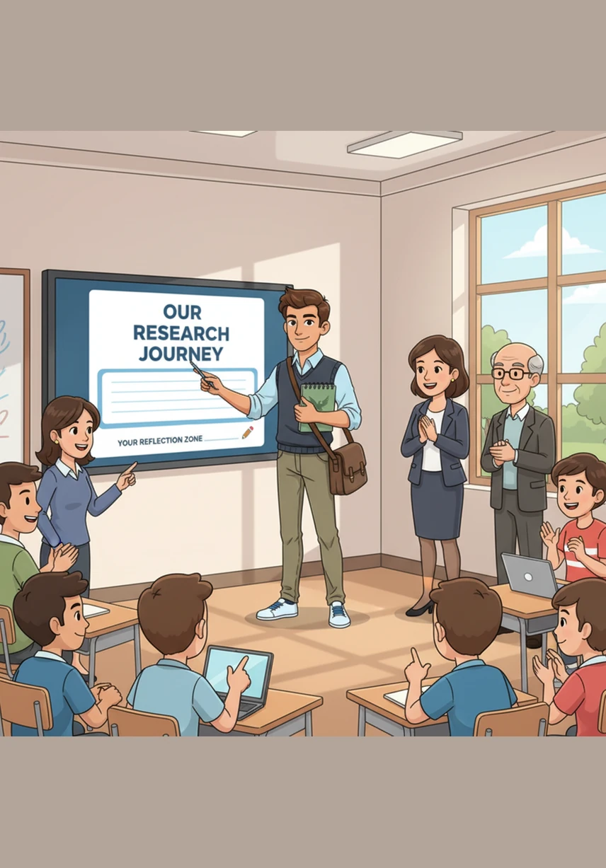 Arman proudly presents his completed project to a group of smiling classmates and teachers, sharing everything he has discovered during his journey. The final page features a special reflection area for students to write down their own thoughts and what they enjoyed most about the research process.