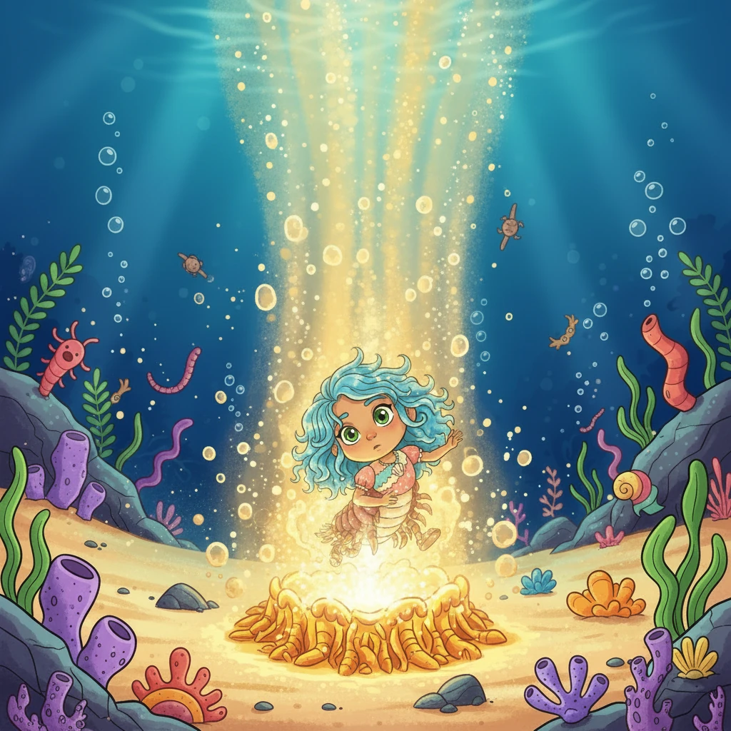 One day, as Coralia explored a shimmering hydrothermal vent, a sudden, bright light enveloped her. It felt like a gentle, warm current pulling her upwards, away from her familiar world.