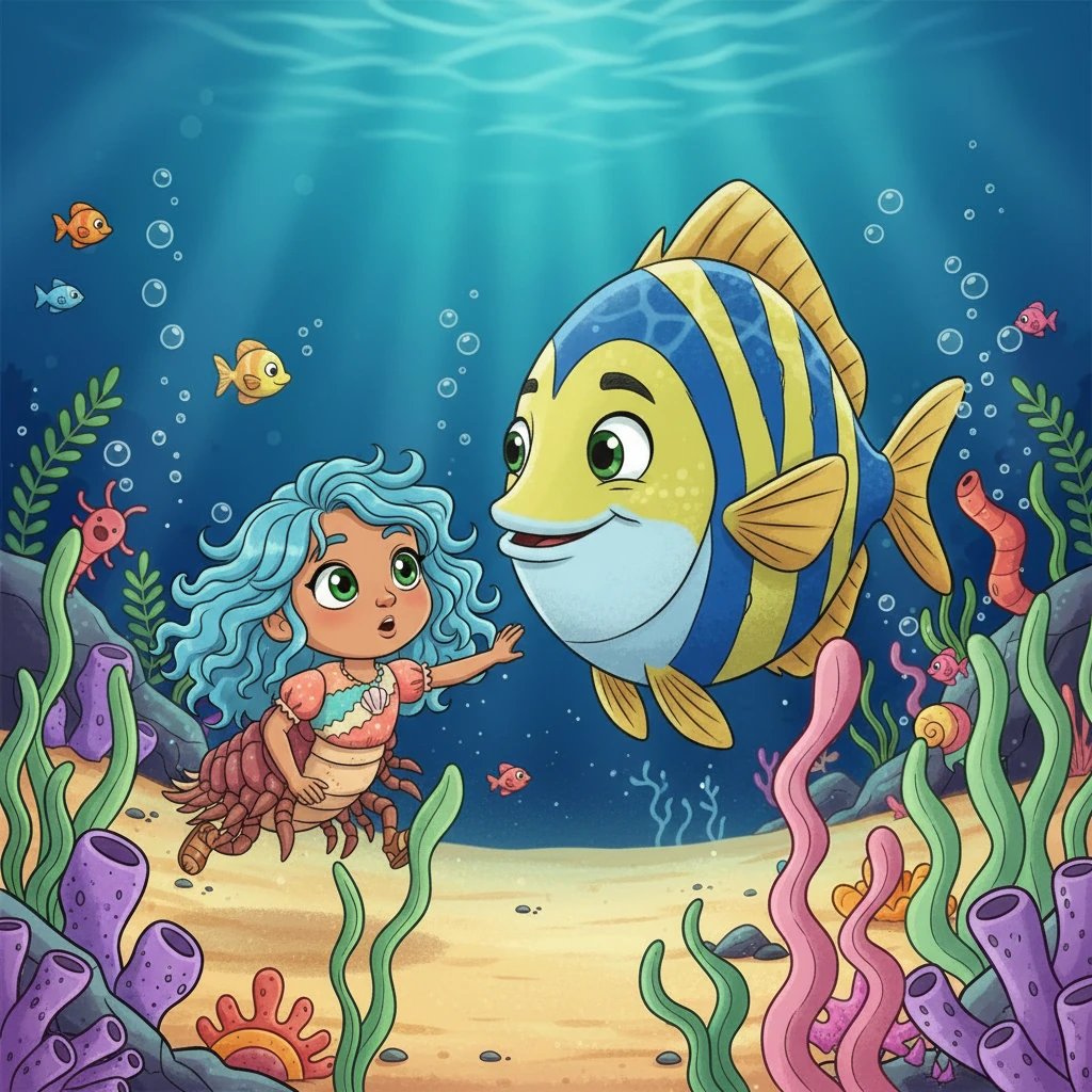 Coralia blinked, finding herself in a completely different ocean. The water was clearer, the plants were softer, and giant, colorful fish swam past her, unlike anything she'd ever seen.