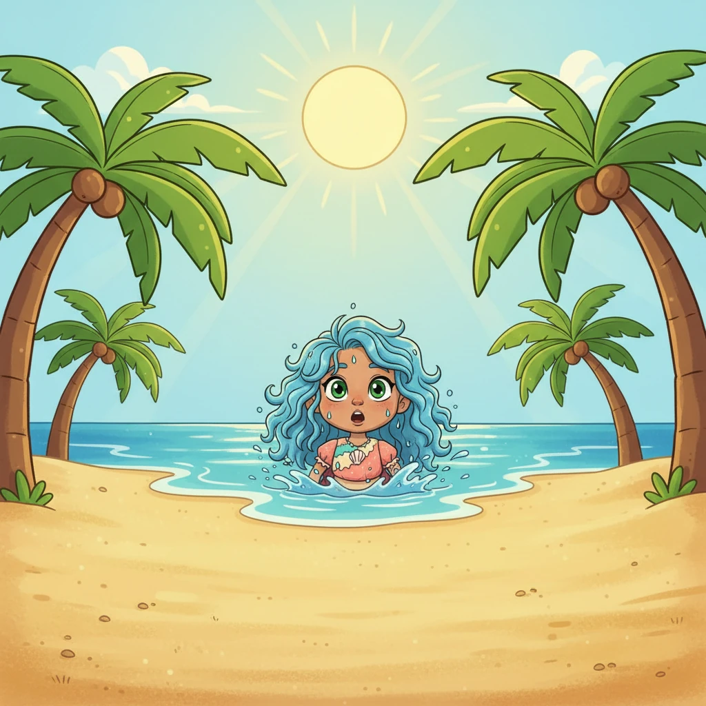She drifted towards a sparkling surface and poked her head out, gasping at the sight of a golden beach. Palm trees swayed gently, and a bright, yellow orb hung in the sky.