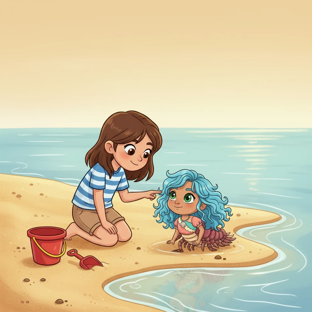 A curious little girl, Lily, with a bright red bucket and shovel, spotted Coralia near the shore. Lily had never seen such a peculiar, shelled creature before.