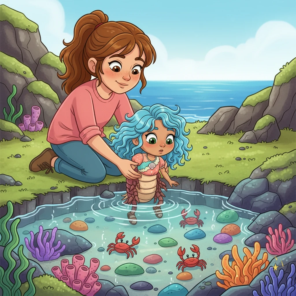 Lily took Coralia to a tide pool, a mini-ocean teeming with small crabs, sea anemones, and colorful pebbles. She gently placed Coralia into the clear water.