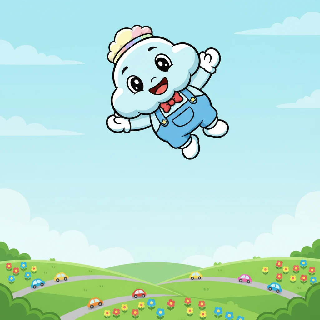 Puff, a small, bouncy cloud, happily floated high above the green world. His fluffy white body zipped and zoomed, watching tiny cars and colourful flowers below. He loved seeing everything!