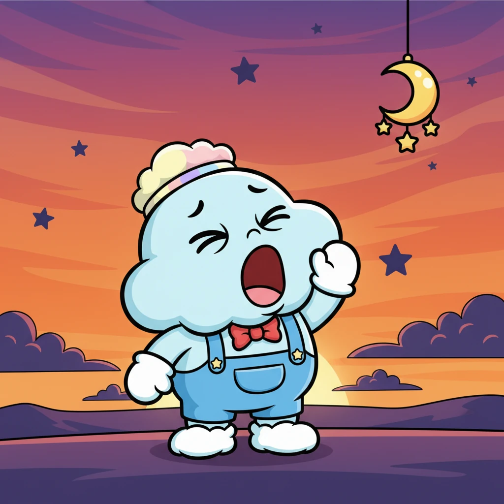 As the sun dipped low, painting the sky in strokes of orange and purple, Puff started to feel a peculiar heaviness. His edges softened, and a big yawn tickled his fluffy core. Night was coming.