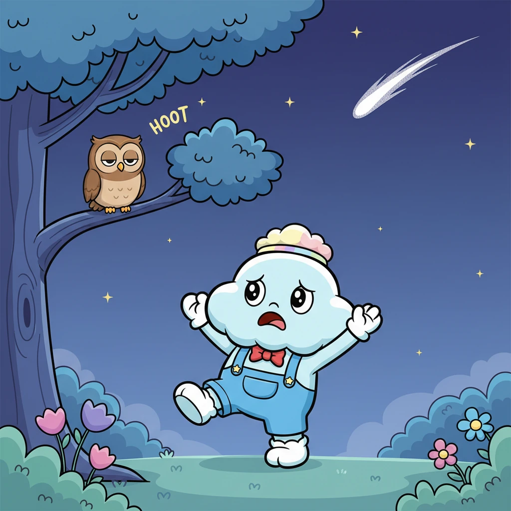 “Oh no!” Puff sighed, stretching himself thin. “I don’t want to sleep! What if I miss the first twinkling star? Or a shooting star? Or a sleepy owl hooting?” He worried he’d miss all the night’s magic.