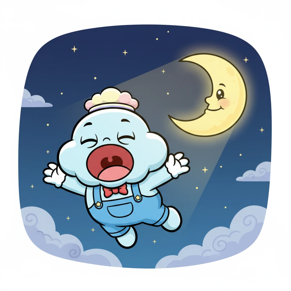 Puff looked at the kind Moon, and another enormous yawn stretched him wide. His tiny cloud eyes were getting heavier and heavier. The Moon’s words felt like a soft lullaby.