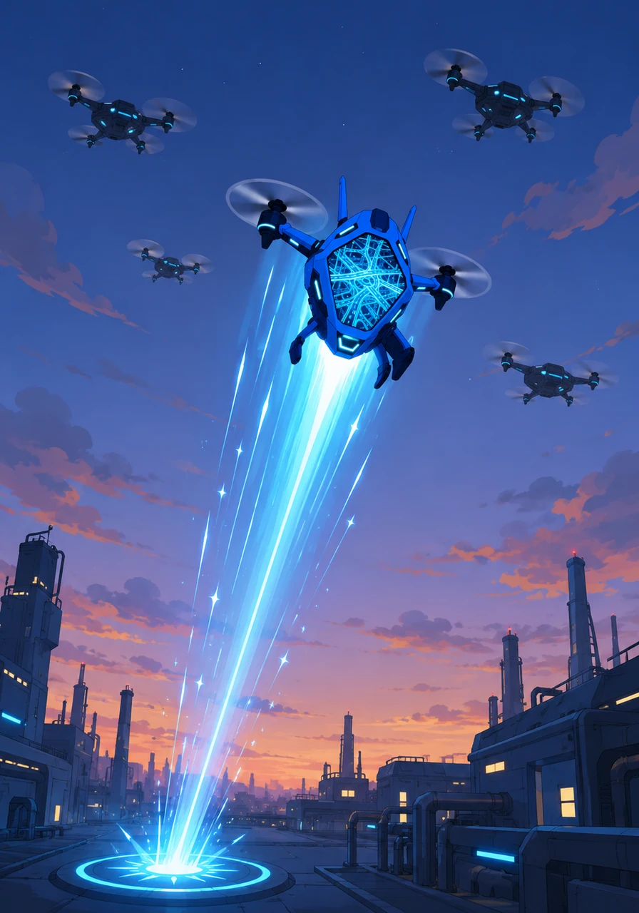 With a sudden burst of signal energy, Byte was shot upward through an invisible air-to-ground link, leaving the factory floor behind. He soared through the evening air, aiming straight for a fleet of sleek, hovering drones patrolling the sky.