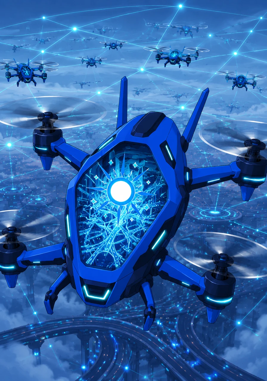 Byte landed safely in the digital heart of UAV-4, a brilliant blue drone with spinning rotors. Looking around, he saw a complex aerial highway where drones communicated with each other using glowing mesh links.