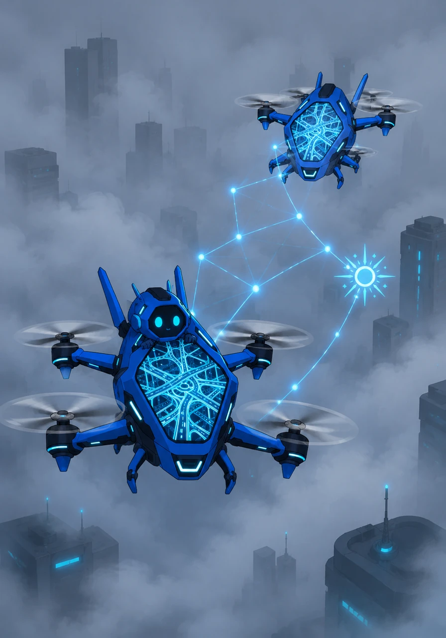 Suddenly, a thick fog rolled over the city, threatening to disrupt the signal between the flying drones. Byte held on tight as UAV-4 quickly rerouted him across the mesh network to UAV-5, keeping the data flowing smoothly despite the digital storm.