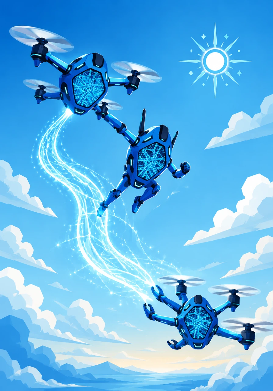 Leaping across the sky, Byte traveled from drone to drone, riding waves of invisible light through the beautiful aerial lattice. The network of drones worked in perfect harmony, passing Byte along like a precious baton in a high-tech relay race.