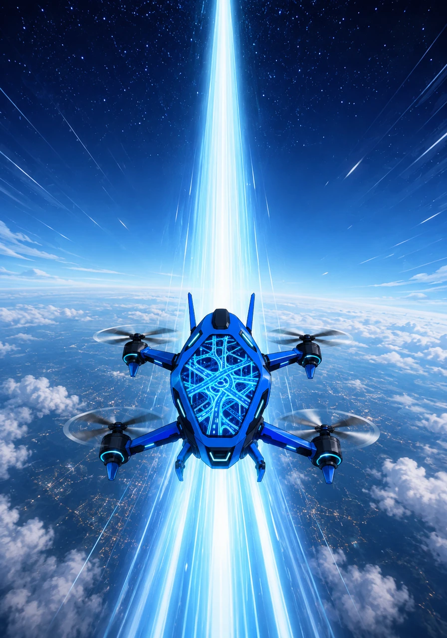 From the highest drone in the squadron, Byte looked up and saw a massive, beam-like backhaul link shooting directly into the atmosphere. With one final push from the drone's transmitters, Byte zoomed upward at the speed of light, leaving the earth far below.