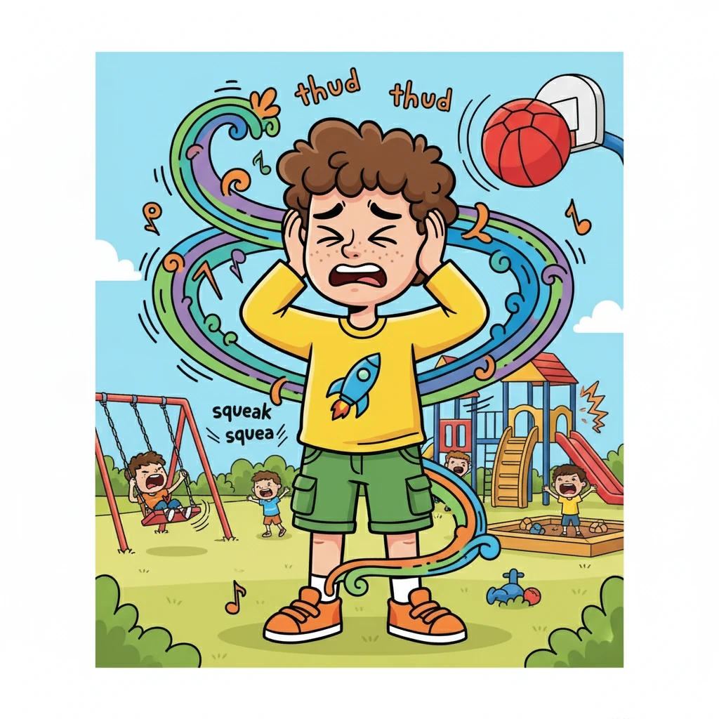 Liam loved the playground, but sometimes it felt like too much. The swings squeaked, kids shouted, and balls bounced with booming thuds. He squeezed his eyes shut and covered his ears, wishing the noise would stop.
