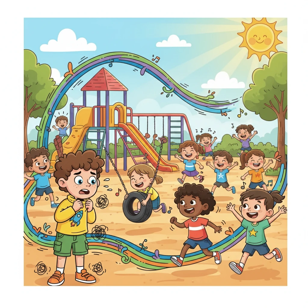 The bright sun shone on the busy playground. Children ran and laughed, their voices blending into a chorus. Liam stood near the edge, overwhelmed by the cacophony, shrinking back from the joyful chaos.
