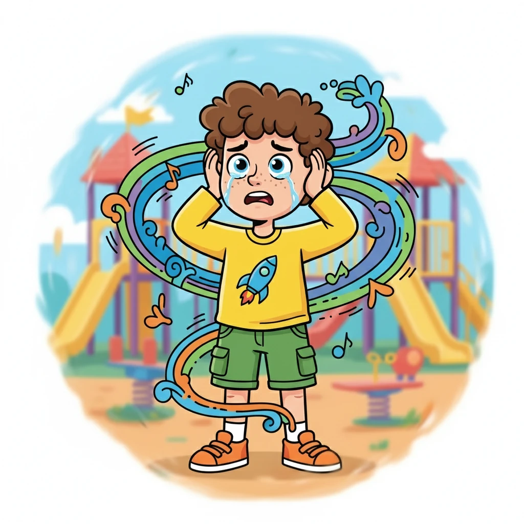 Liam put his hands over his ears, his face scrunched up with a mixture of fear and sadness. Tears welled in his eyes as he tried to block out the sounds surrounding him. The vibrant playground colors blurred around the edges of his vision.
