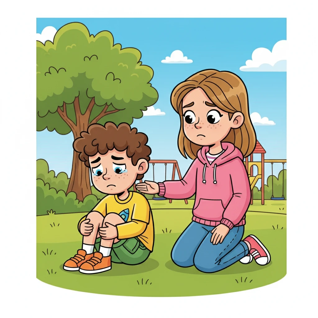 Mia, seeing Liam's distress, knelt beside him, her brow furrowed with concern. She gently reached out a hand, unsure of how to help. Her eyes showed she cared and wanted to understand what was wrong.