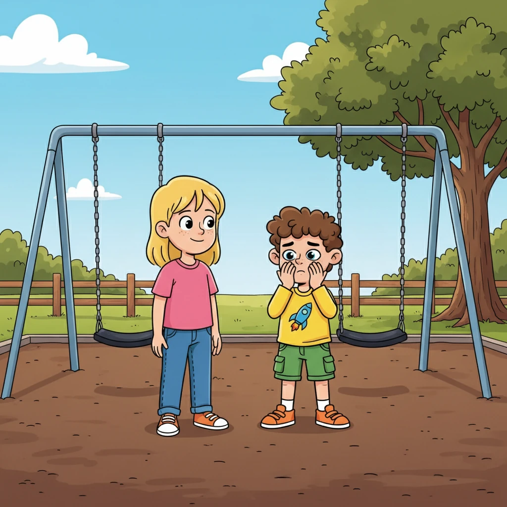 Mia asked gently, "What would help, Liam?" Liam peeked through his fingers. "Maybe we can play on the quiet swings." Mia nodded. "Let's go!"