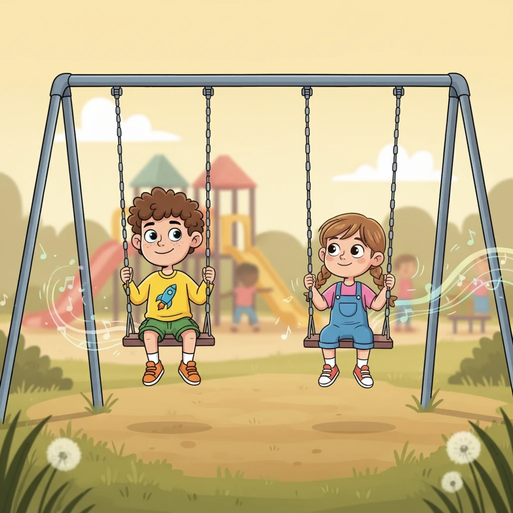 Side-by-side, Liam and Mia swung slowly on the quiet swings. The world seemed calmer, and a small smile returned to Liam's face. In the distance, the loud playground noises faded as they found their peaceful space.