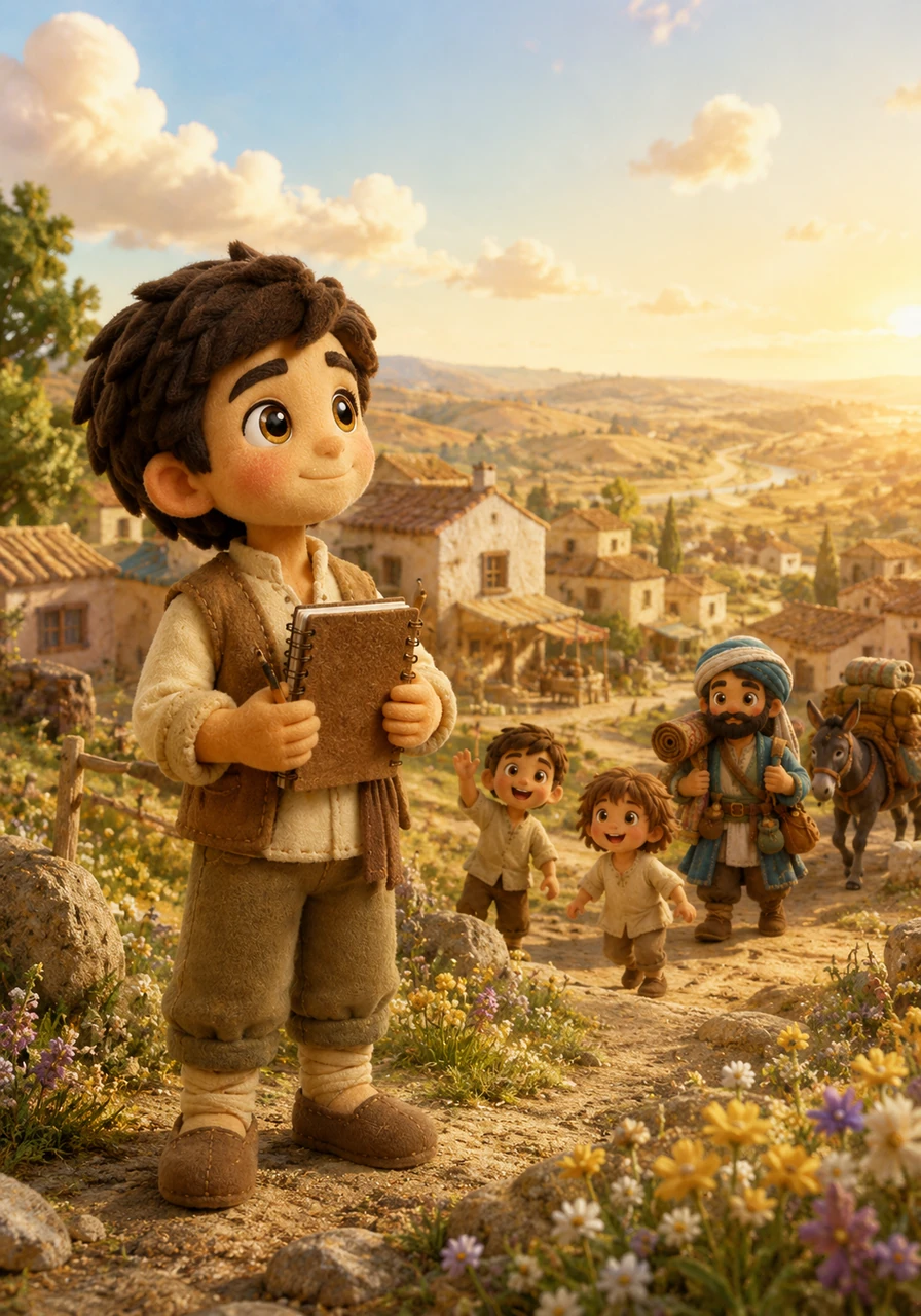 Leo stands at the edge of his quiet, sun-drenched village, looking at the distant horizon with big dreams in his eyes. He holds a small sketchbook, wishing he could find a way to make his family’s life better through his art. The warm breeze carries the scent of wild flowers as he imagines a brighter future.