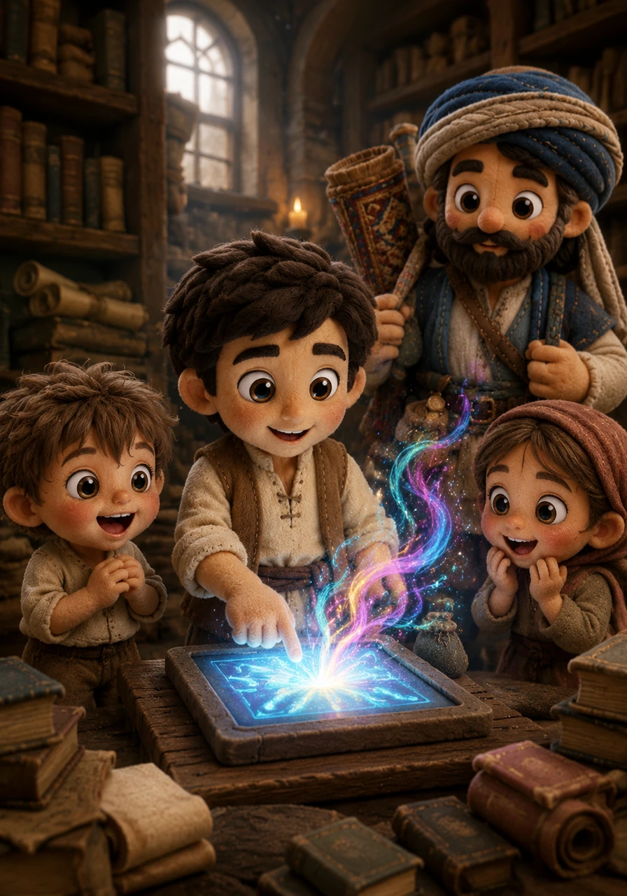 While exploring an old, forgotten library, Leo discovers a shimmering, magical tablet that glows with a soft, blue light. When he touches the screen, vibrant colors swirl and dance, responding to his every thought and movement. It is a tool unlike anything he has ever seen before, pulsing with infinite creative energy.