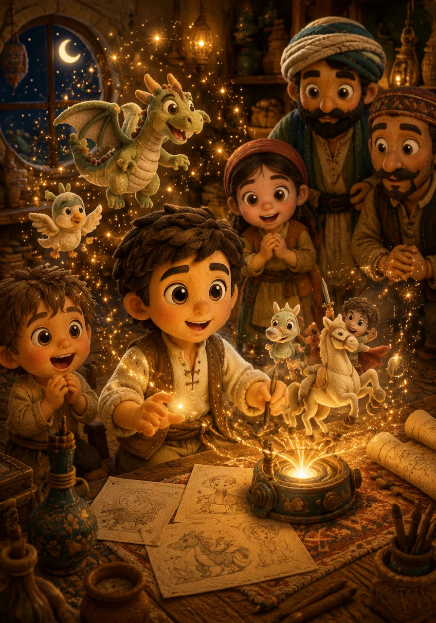 Leo spends day and night practicing with the magical tool, learning how to turn his simple sketches into breathtaking, lifelike animations. The room is filled with floating sparks of light as his creations begin to move and breathe right before his eyes. He realizes that this technology can bring his wildest imaginations to life.