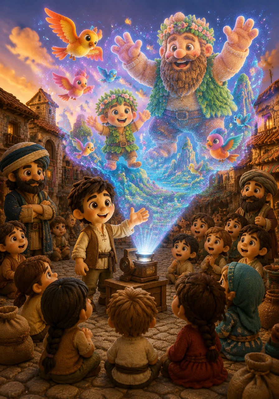 He gathers the village children in the town square to show them his first animated story, which plays out in the air like a magnificent hologram. The children gasp in wonder as colorful birds and friendly giants leap from the light, filling the air with laughter and joy. For the first time, the village feels alive with the spirit of modern magic.
