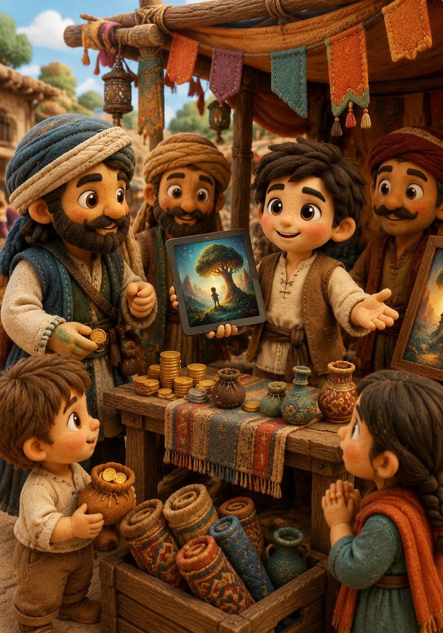 Realizing the potential of his new skill, Leo sets up a small wooden stall decorated with bright banners to share his art with traveling merchants. People from neighboring towns stop to admire his work, offering gold coins and rare goods in exchange for his unique digital stories. His talent begins to provide a steady income for his family and the community.