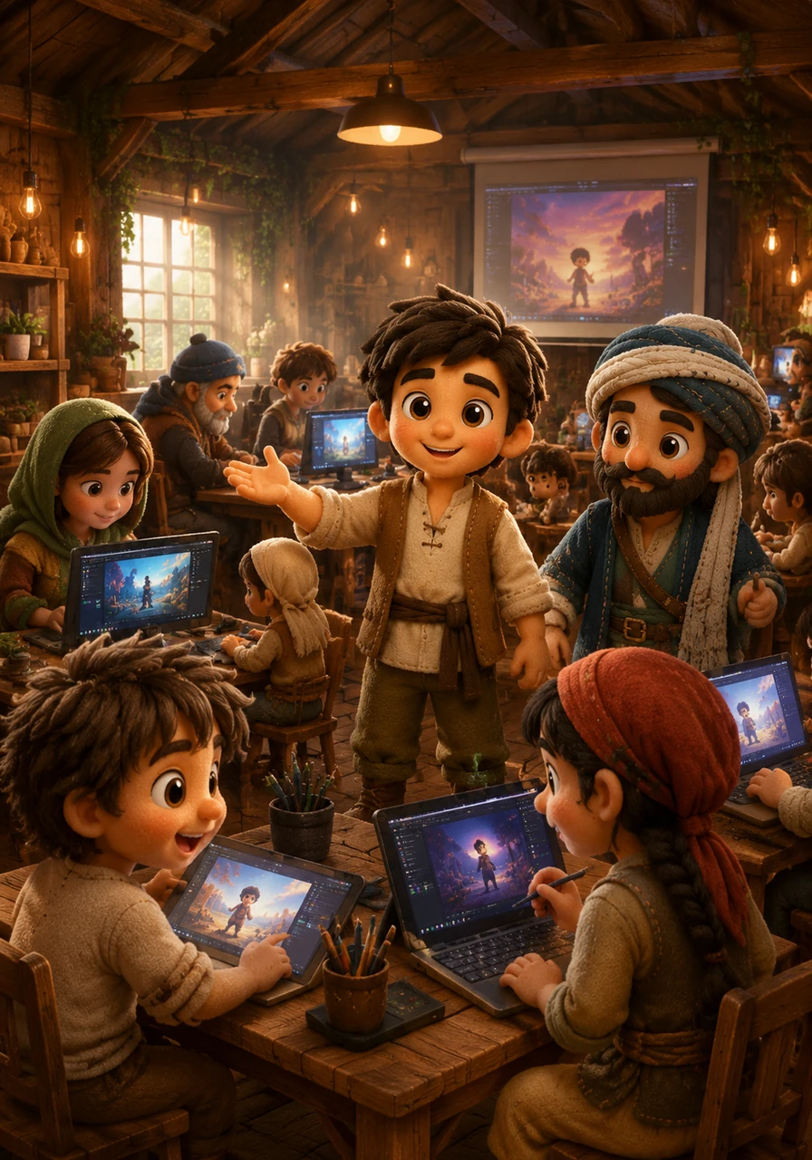 Leo decides to open a creative academy, inviting everyone in the village to learn the secrets of digital storytelling. An old, dusty barn is transformed into a modern workshop where young and old alike sit together, focused on their own glowing screens. The air hums with the sound of collaboration and the clicking of creative tools.