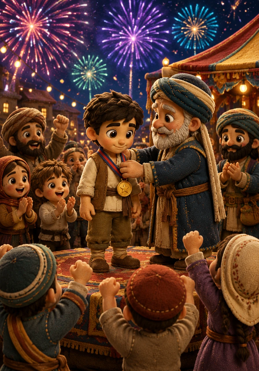 The town council presents Leo with a shimmering golden medal during a grand festival held under the starlit sky. Fireworks light up the atmosphere, mirroring the vibrant colors of the digital art that first started their journey to success. Everyone cheers for the boy who turned a simple dream into a reality for everyone.