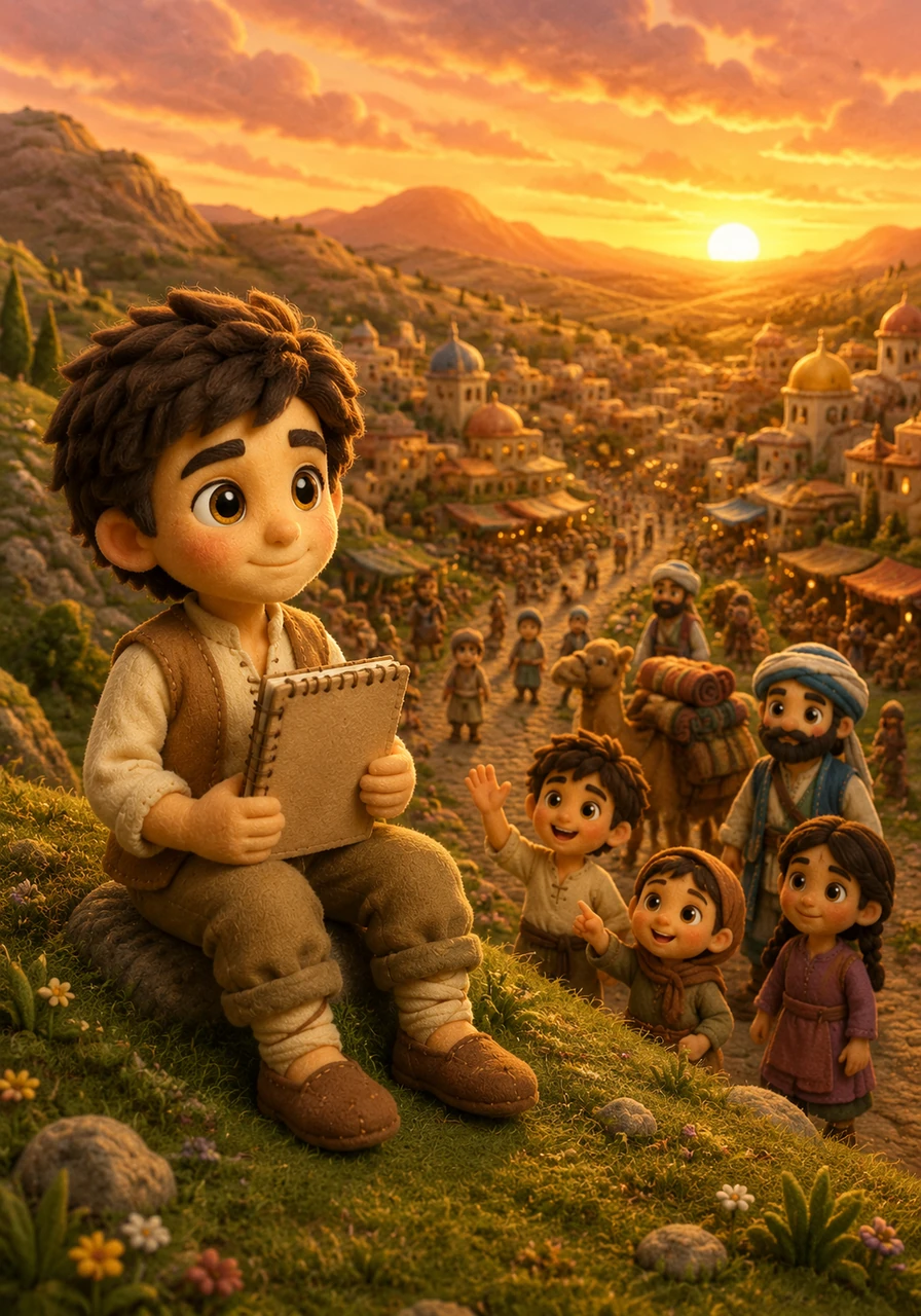Leo sits peacefully on a hill overlooking his beautiful, bustling town, holding his original paper sketchbook as a reminder of his humble beginnings. He smiles, knowing that with a little bit of technology and a lot of heart, any dream can become a path to success. The sunset paints the sky in shades of gold, reflecting the bright future ahead.