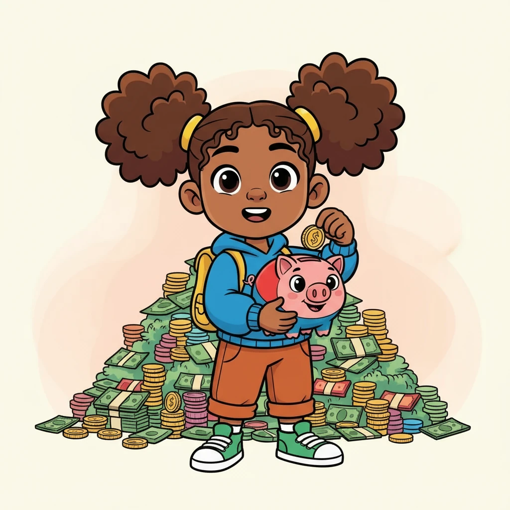Next, I started saving! I set small, achievable goals, like saving for a new phone. Every little bit helped. Picture me putting money into a colorful Kolo (piggy bank), with the background showing a growing stack of cash.