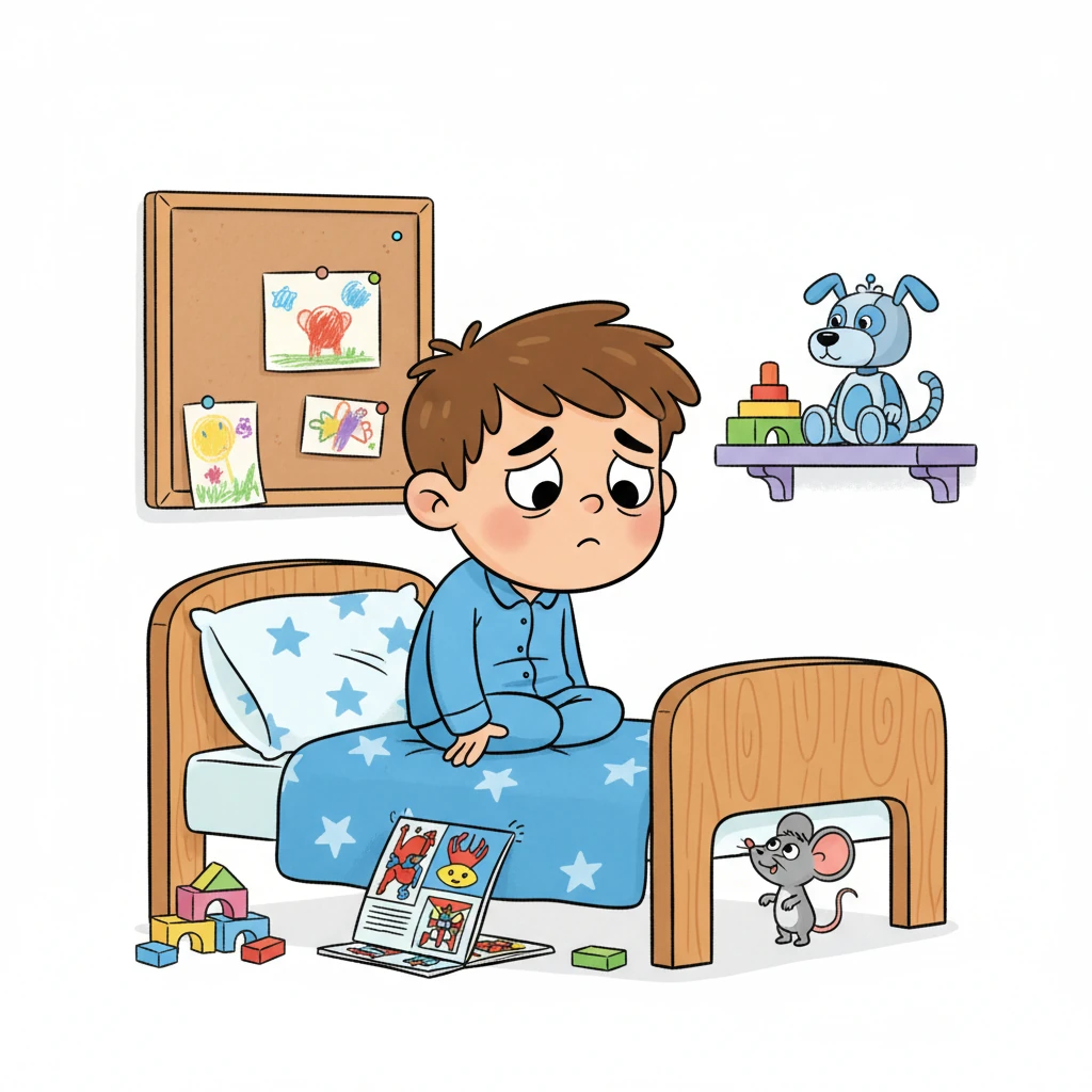 Leo sits glumly on his bed, a colorful comic book forgotten on his lap. His room is a cheerful mess of toys and drawings, but his face shows a hint of sadness, making him look a little downcast. A small, playful mouse peeks from under his bed, completely unnoticed by Leo.