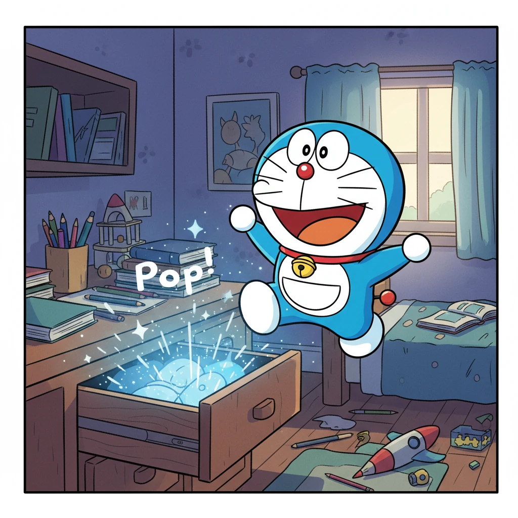 Suddenly, a shimmering blue light bursts from his desk drawer, and with a cheerful 'Pop!', a round, sky-blue robotic cat with a big, friendly smile and bright, expressive eyes emerges. He has a small, red collar with a tiny, tinkling bell. The cat looks around with curiosity.