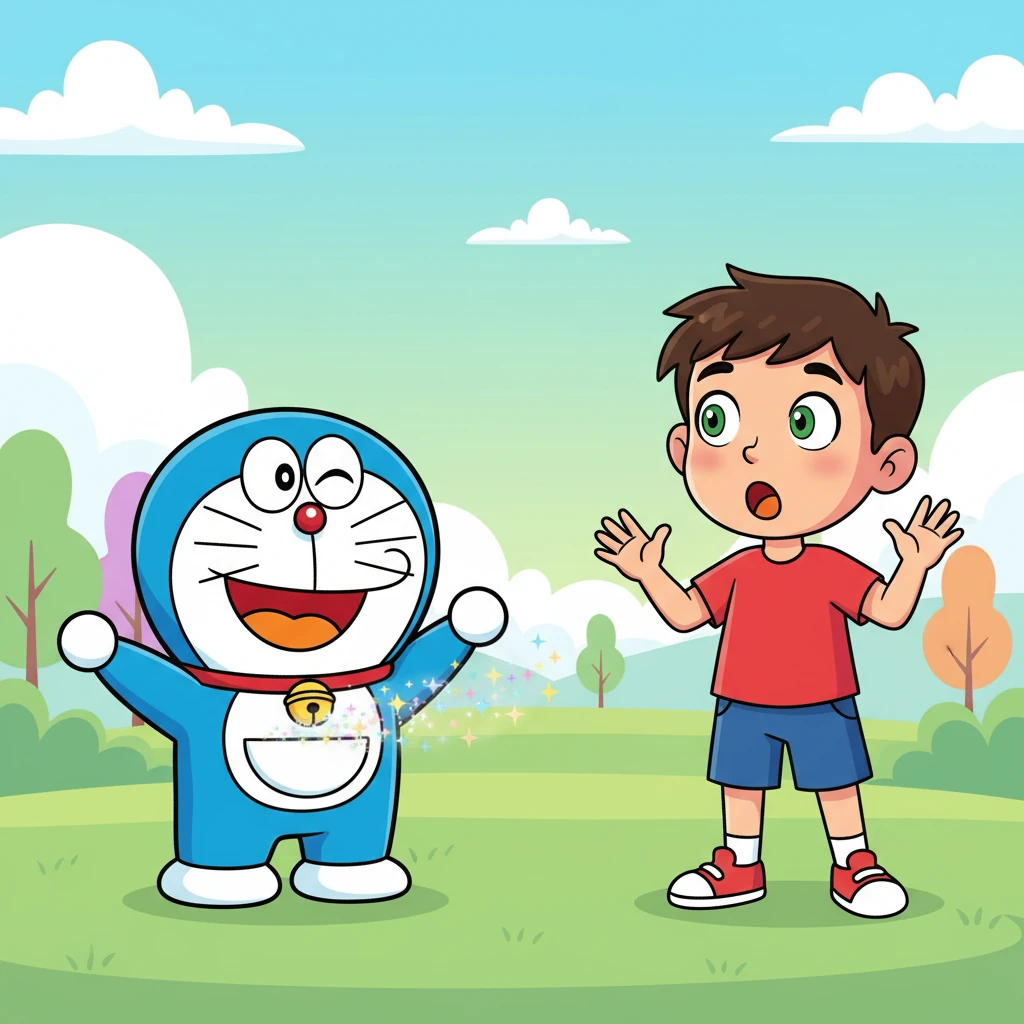 The cat, Robo-Paws, winks playfully at Leo, pointing to a magical, bottomless front pocket on his tummy. 'Hello, Leo! I'm Robo-Paws, and I'm here to make every day an adventure!' he chirps excitedly. Leo's eyes widen in absolute surprise and wonder, his sadness quickly fading.