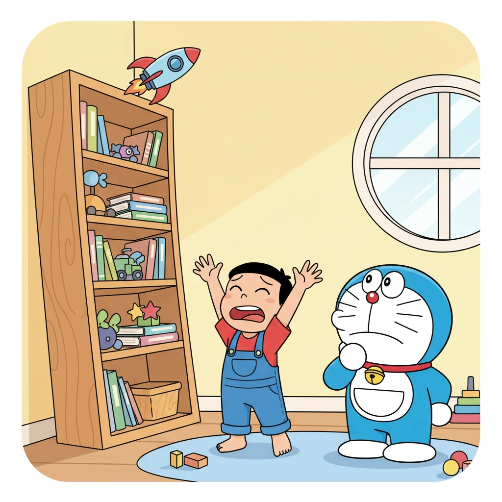 Leo laments about his favorite toy rocket being stuck precariously high on a tall, wobbly bookshelf. He stretches his arms, trying to reach it, but it's just too high for his small hands. Robo-Paws puts a thoughtful paw to his chin, contemplating the situation.