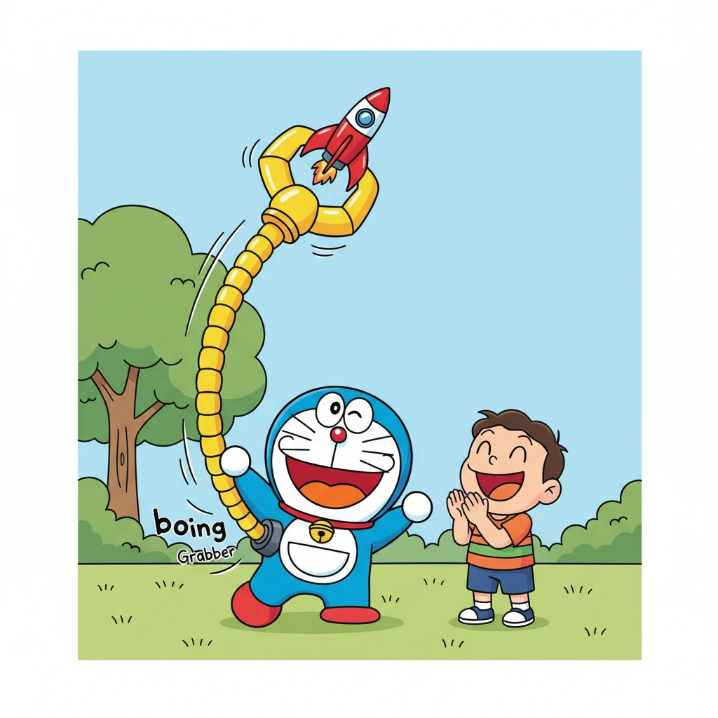 With a dramatic flourish, Robo-Paws pulls out a 'Stretchy-Arm Grabber' from his magical pocket. The gadget extends with a comical 'boing' sound, easily reaching the toy rocket and bringing it down safely. Leo claps his hands with pure glee and relief.