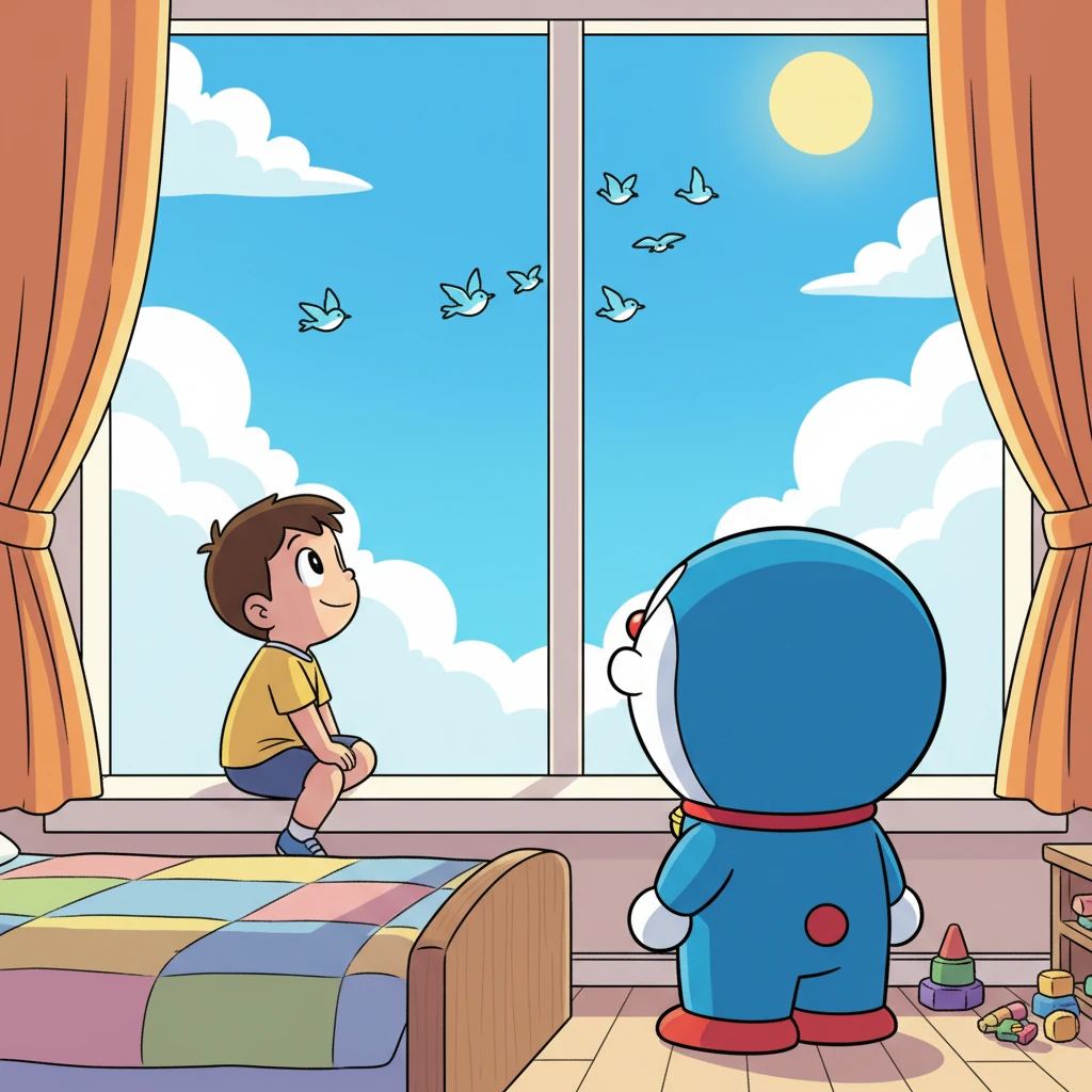 Later, Leo dreams of soaring through the sky like a bird. He looks out his window at a flock of birds gracefully circling in the bright blue sky, wishing with all his heart he could join them. Robo-Paws sees the unmistakable longing in his friend's eyes.